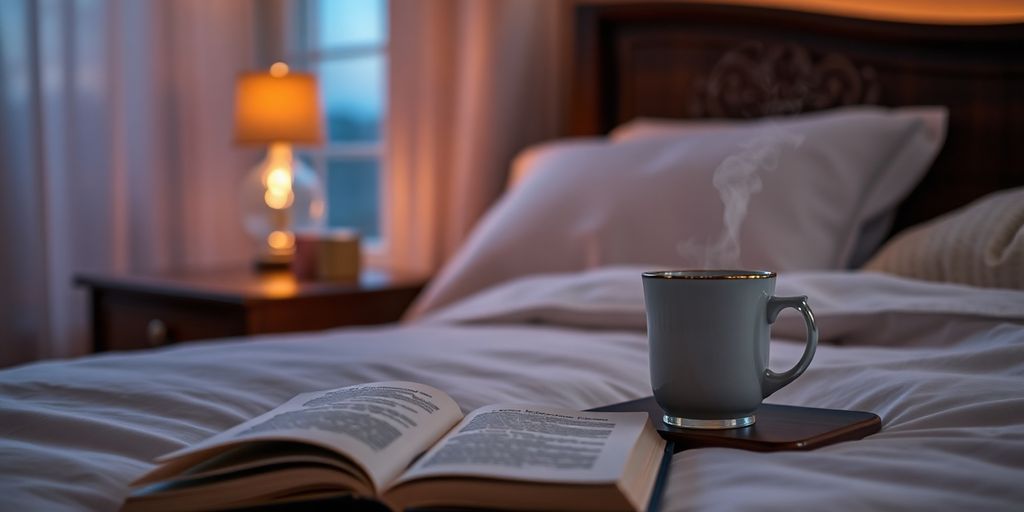 Peaceful bedroom, soft lighting, cozy blankets.