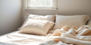 Peaceful bedroom, soft lighting for restful sleep.
