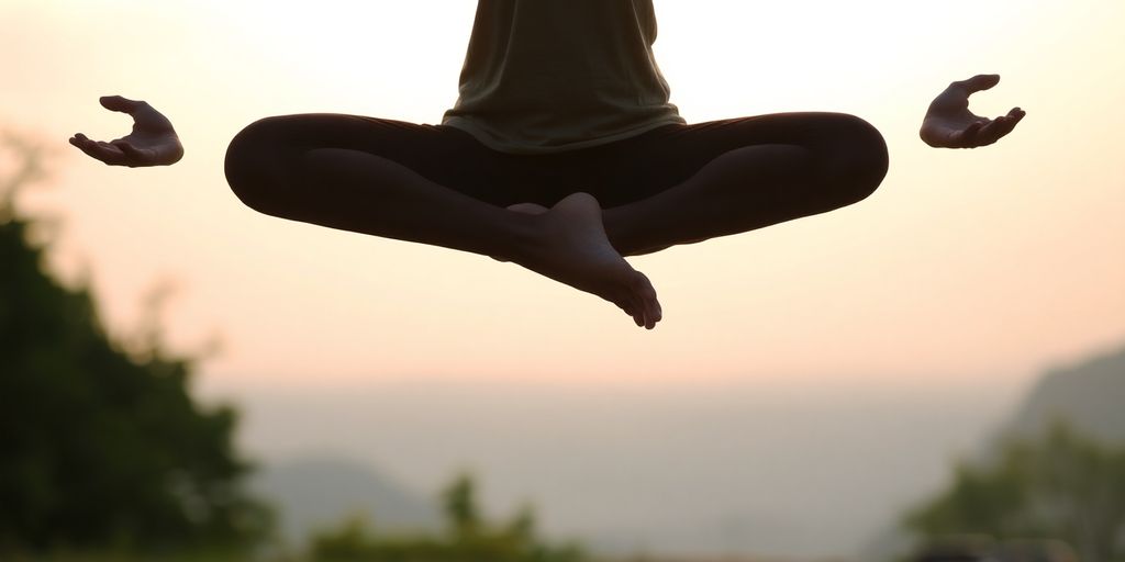 Person balancing yoga pose outdoors, serene, sunrise.