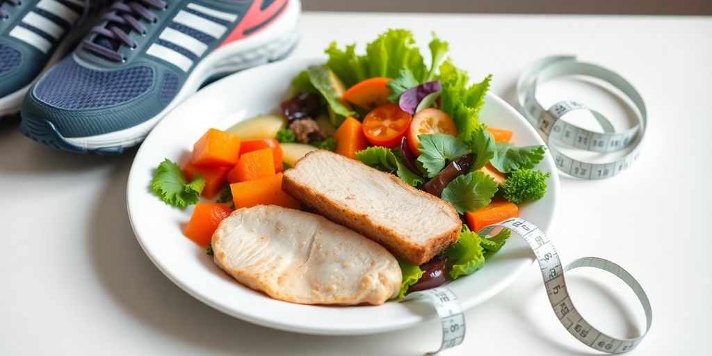 Healthy meal, running shoes, measuring tape.