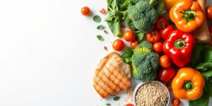 Colorful, fresh, healthy meal ingredients arranged artfully.