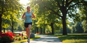 Person exercising outdoors, sunny day.