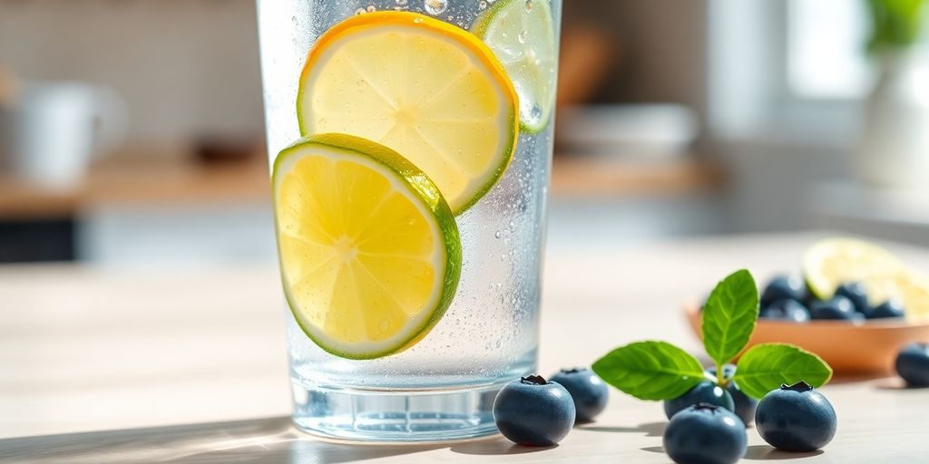 Sparkling water glass, fresh fruit, subtle light.