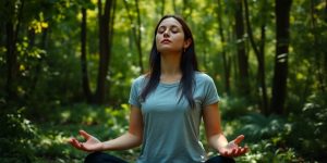 A woman meditates outdoors, surrounded by lush greenery.