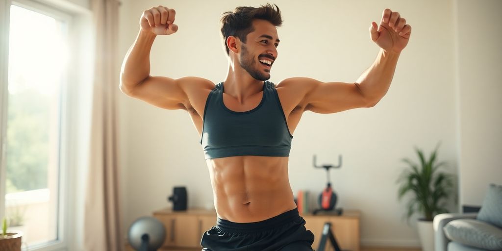 Person exercising at home, smiling brightly.