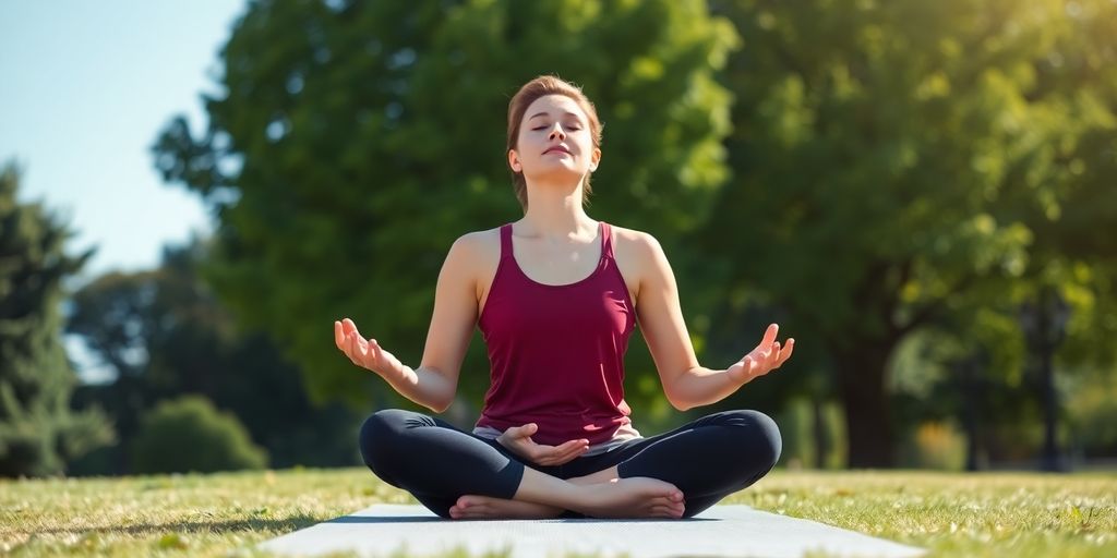 Person meditating peacefully outdoors, deep breath.