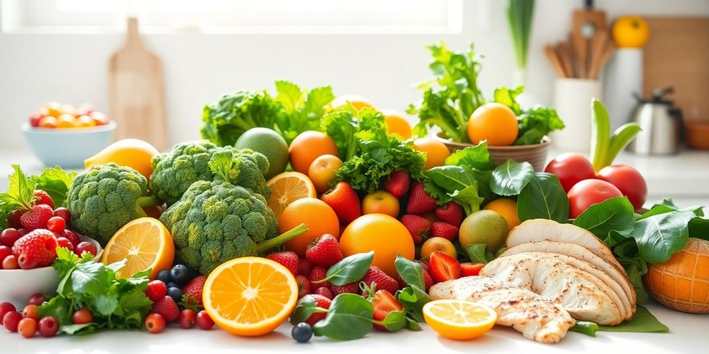 Colorful, healthy food on a kitchen counter.