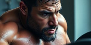 Muscular person lifting heavy weights with intense focus