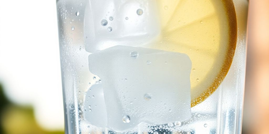 Refreshing water glass with condensation on a hot day.