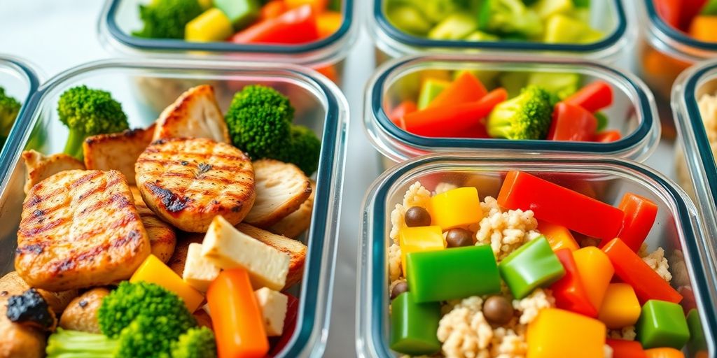 Colorful, organized diet food prep containers.