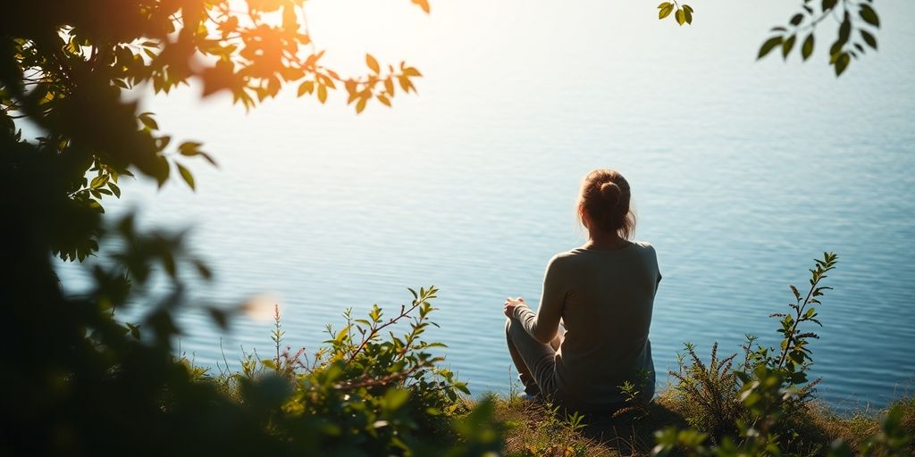 Serene woman relaxing outdoors with calming elements.