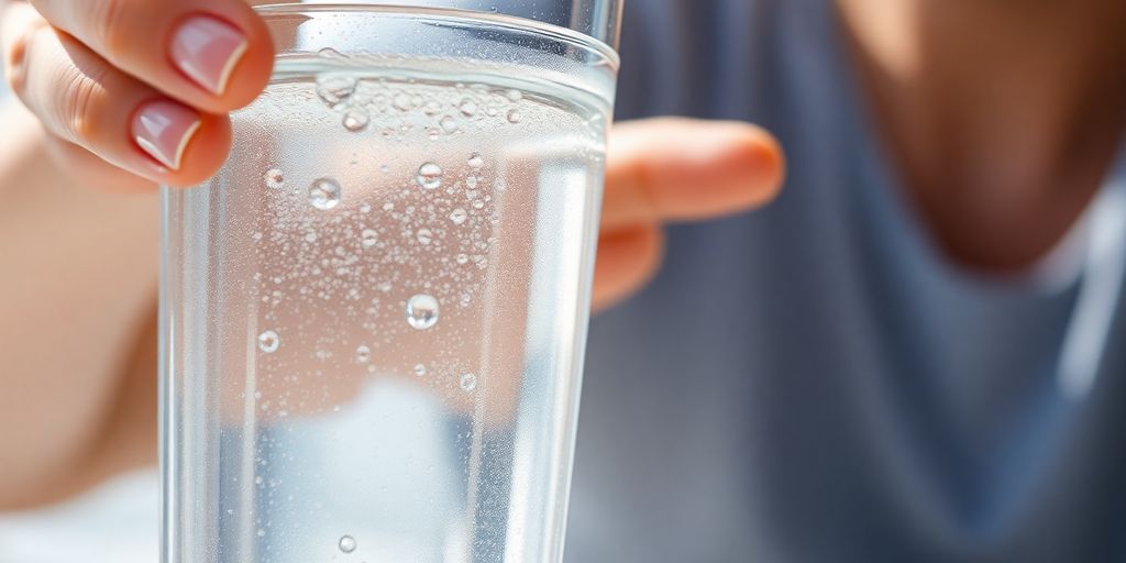 Clear water in glass, healthy person drinking.