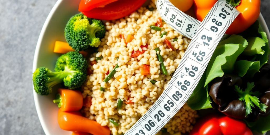 Colorful plate of vegetarian food with measuring tape.