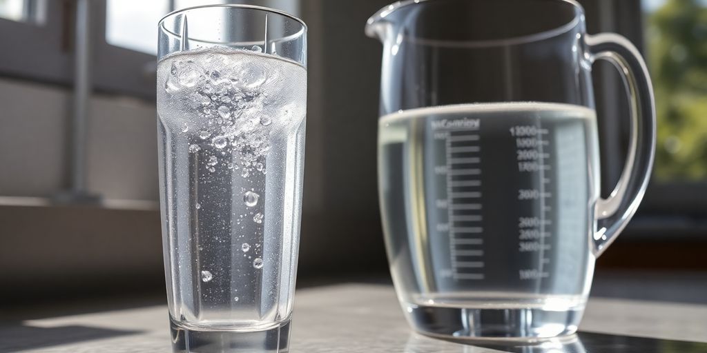 Sparkling water glass, full pitcher, sunlit kitchen.