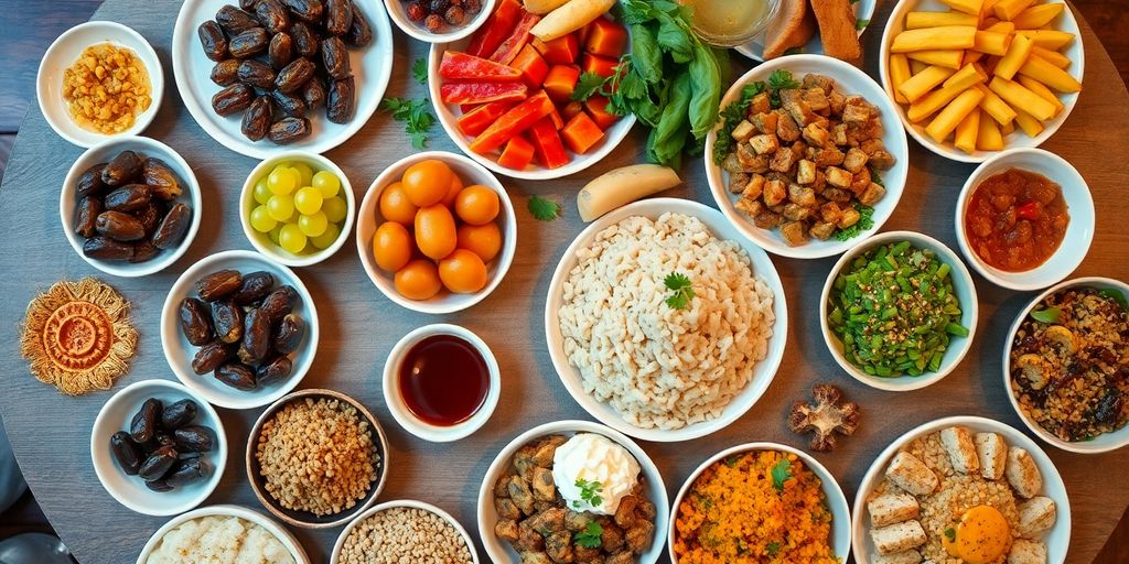 Table with balanced Ramadan Iftar and Suhoor meals.