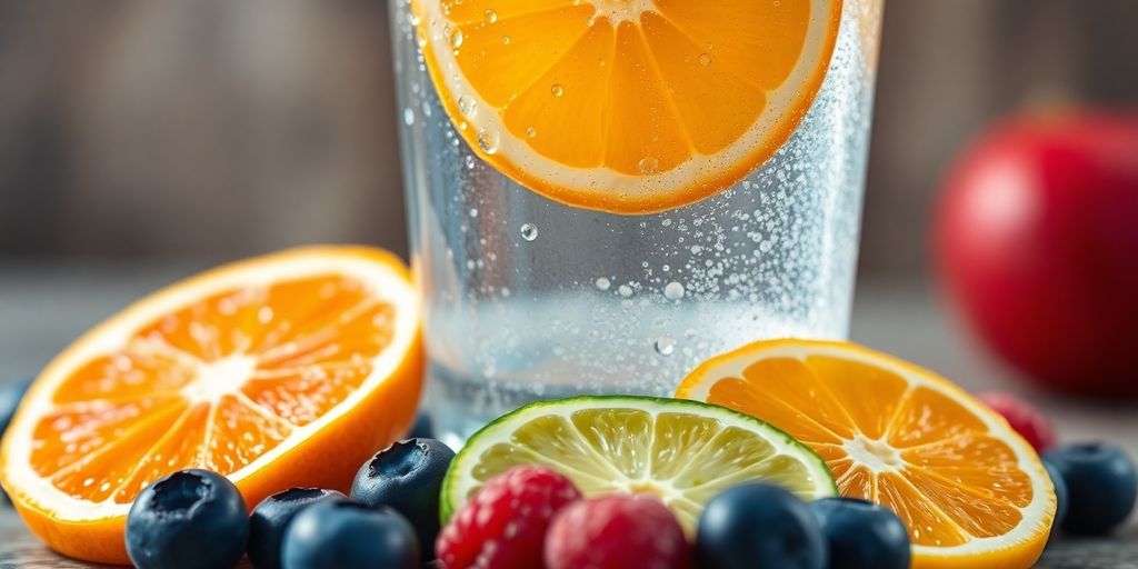 Sparkling water glass next to colorful fruit.
