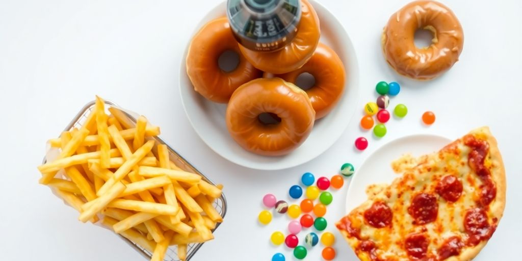 Unhealthy foods: soda, donuts, fries, pizza, candy.