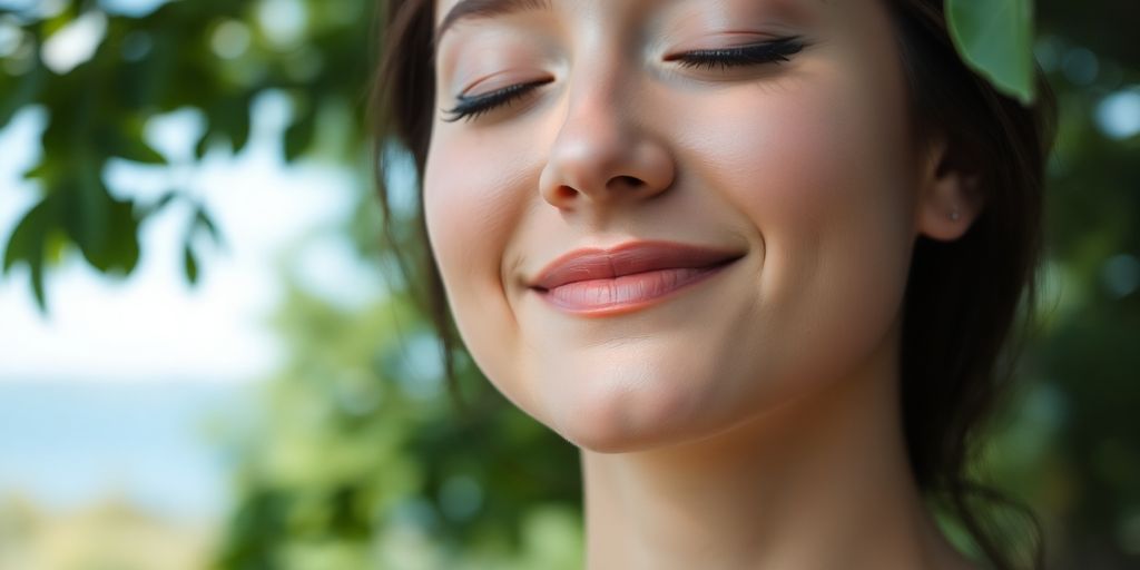 Person meditating peacefully outdoors, surrounded by nature.