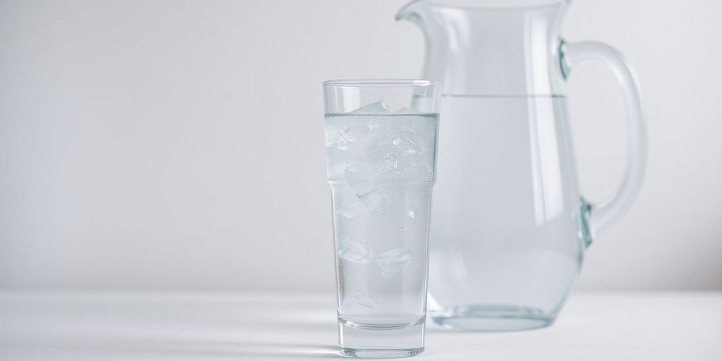 Clear glass of water next to a full pitcher.