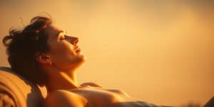 Person meditating peacefully in a serene natural setting.