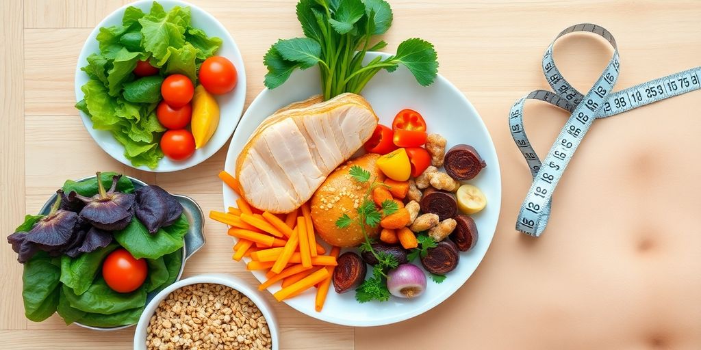 Healthy food, measuring tape, and a person's waist.