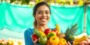 Person smiling while holding fresh fruit.