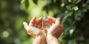 Person calmly holding a vial of Bach flower remedy.