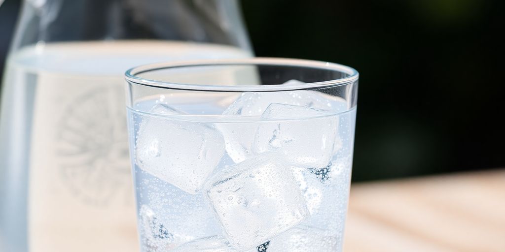 Sparkling water glass, full, next to a pitcher.