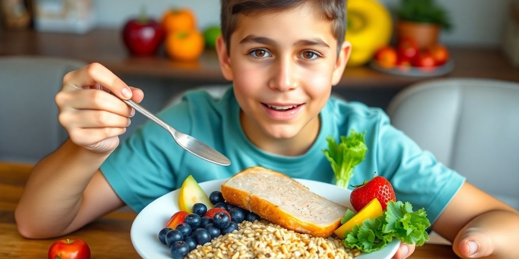 Teenager eating a colorful, balanced meal.