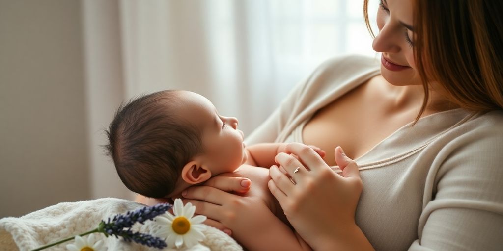 Calm mother breastfeeding, surrounded by gentle herbs.