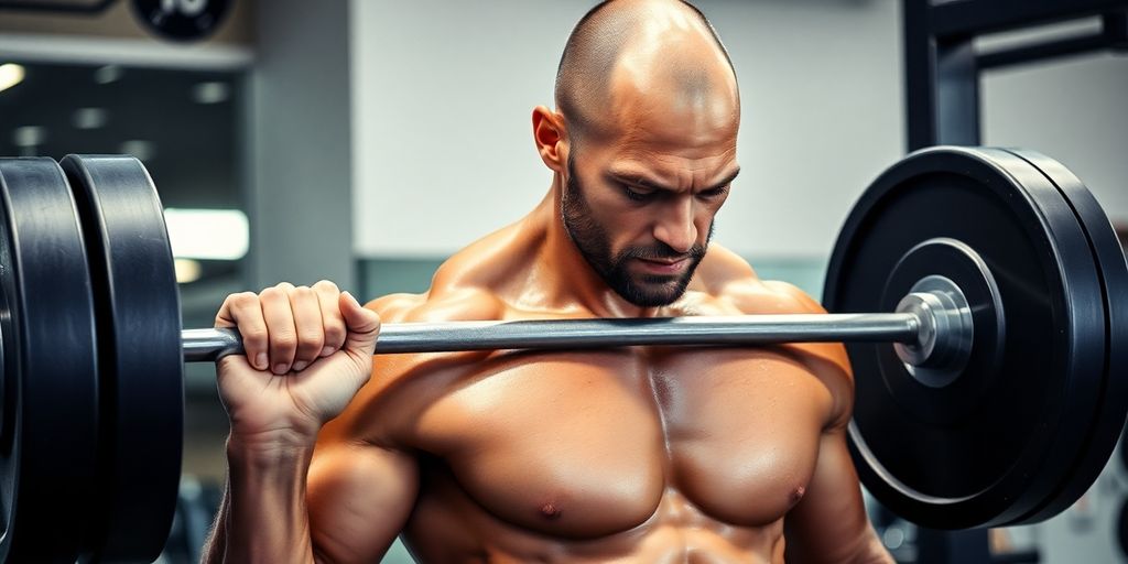 Muscular man performing weightlifting exercise in gym.