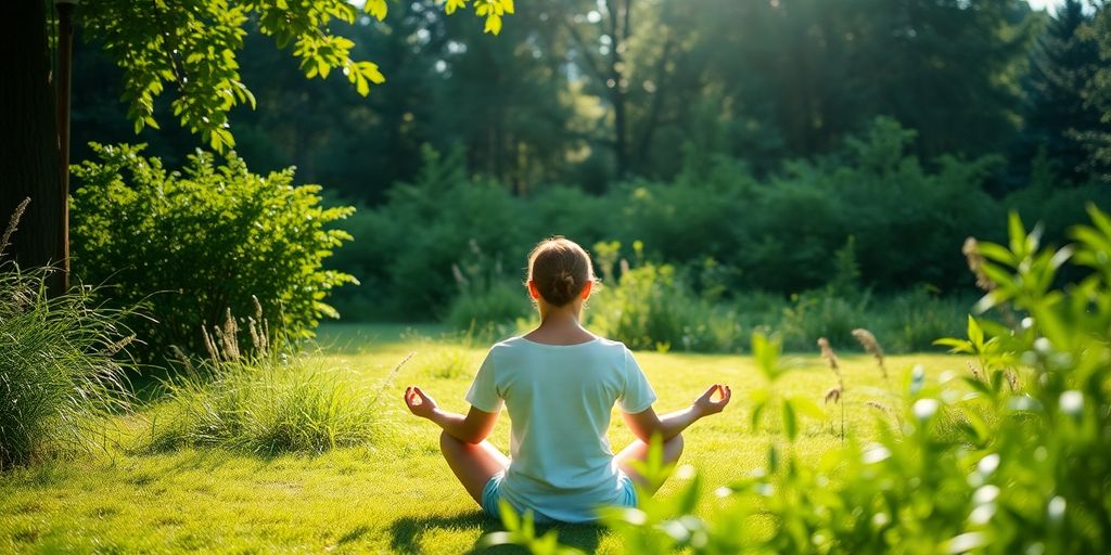 Calm person meditating in a serene natural setting.