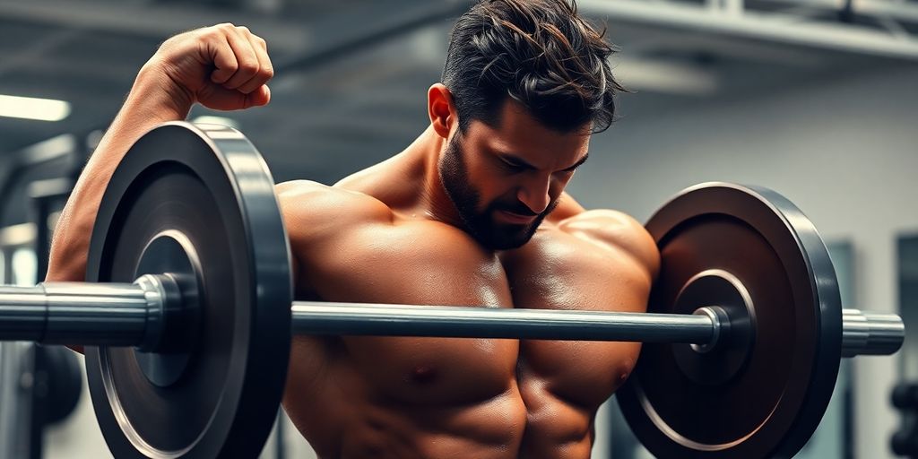Muscular man lifting heavy weights in gym.