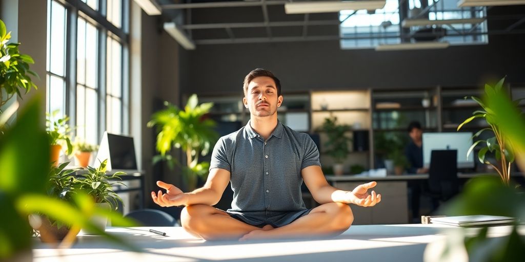 Person meditating calmly in a bright, plant-filled office.