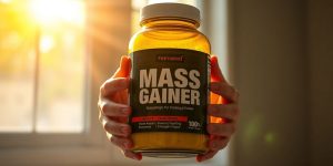 Person holding mass gainer supplement bottle.