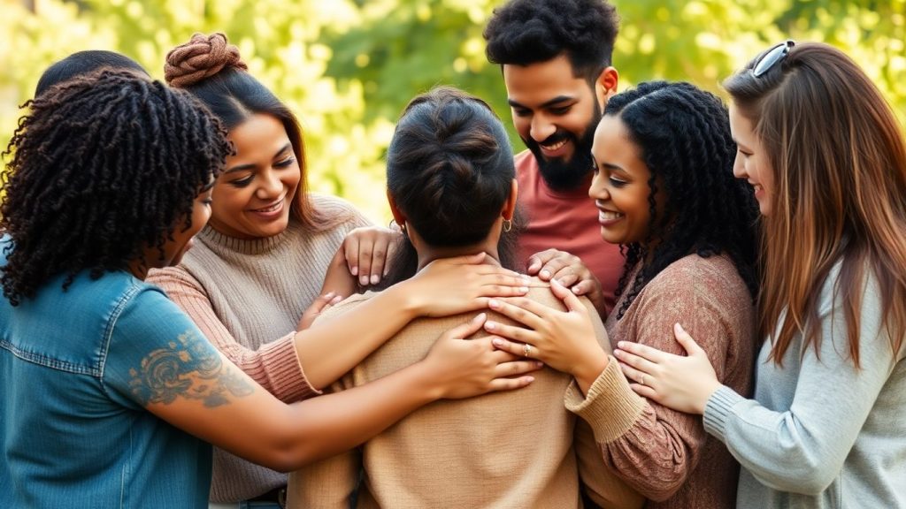 People comforting each other outdoors with gentle touches.