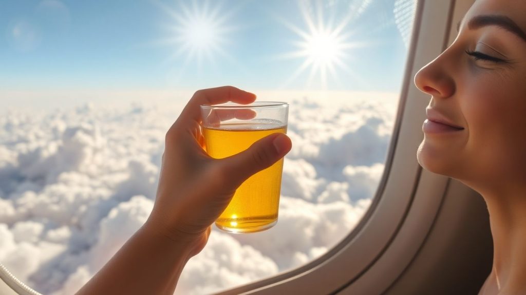 Person looking peacefully out airplane window, holding tea.
