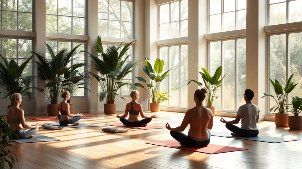 People meditating peacefully in a sunlit yoga studio.
