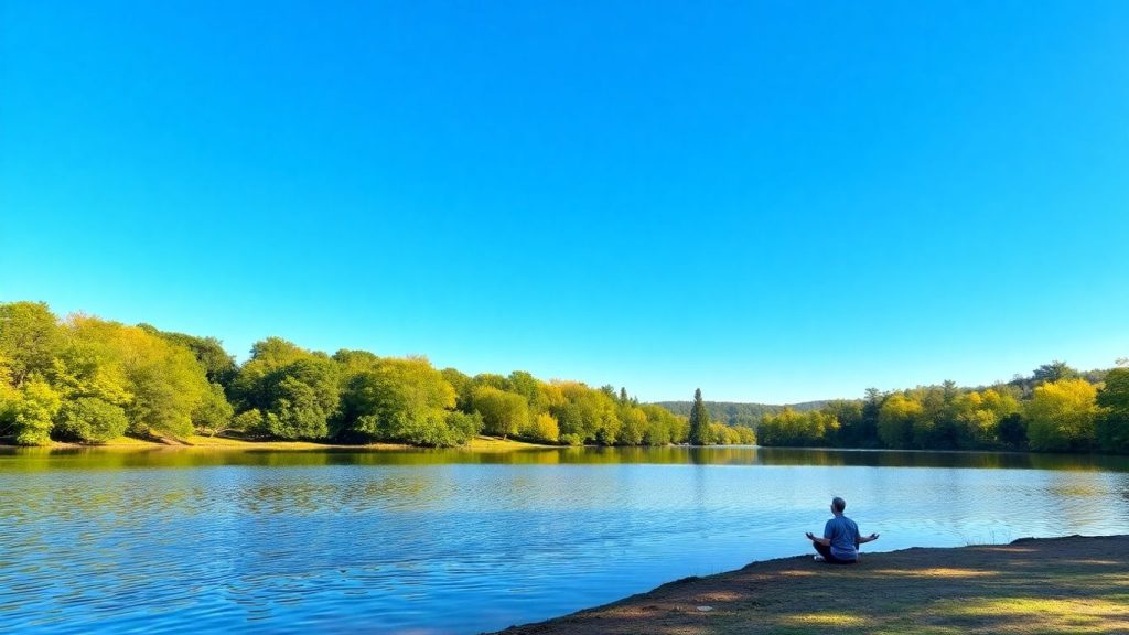 Calm lake reflecting blue sky with meditating person