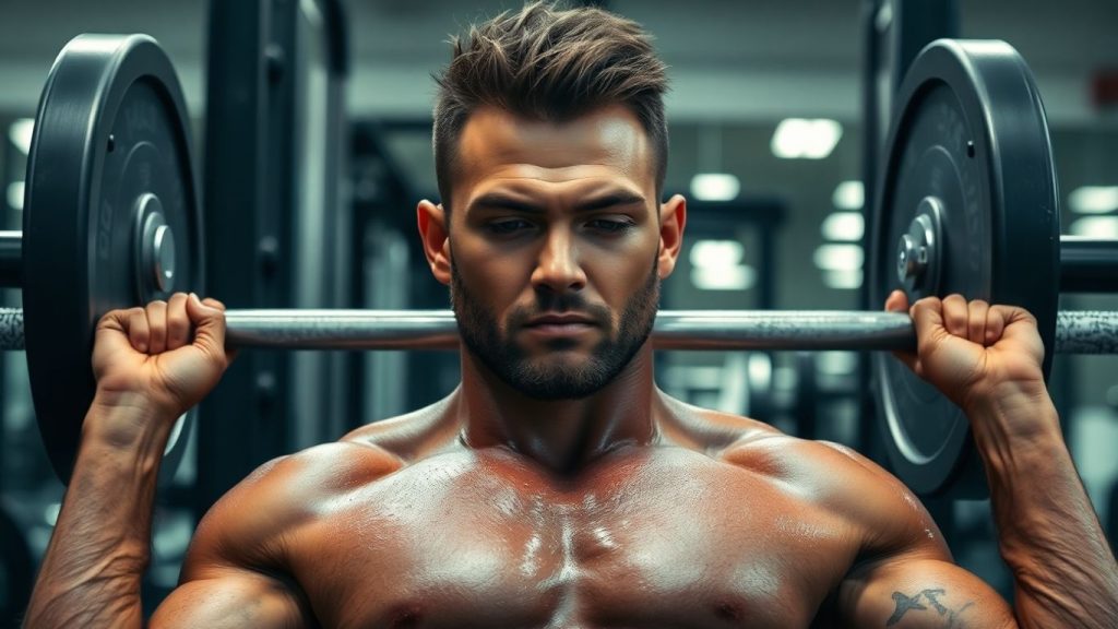 Muscular man lifting weights during a bulking workout.