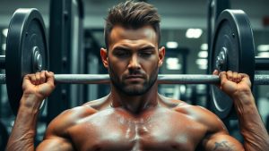 Muscular man lifting weights during a bulking workout.