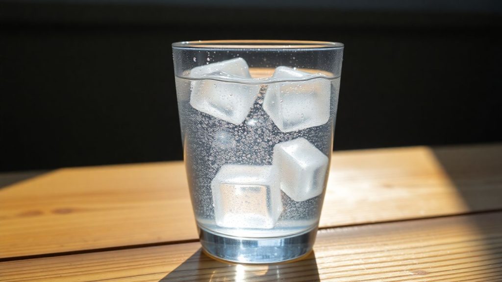 Glass of water with ice and condensation.