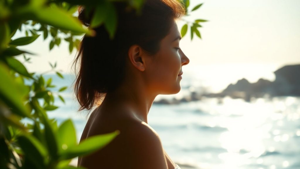 Person meditating by the ocean for stress relief.