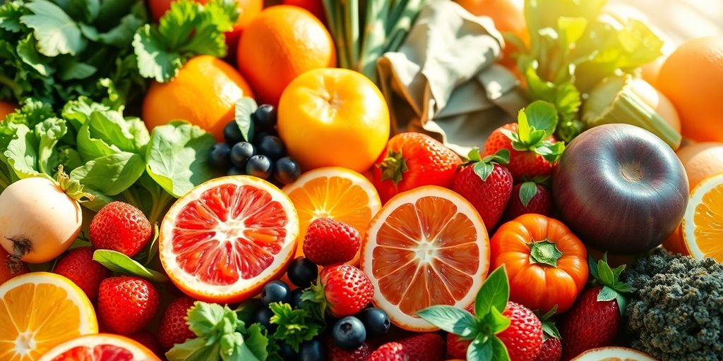 Fresh fruits and vegetables arranged for clean eating