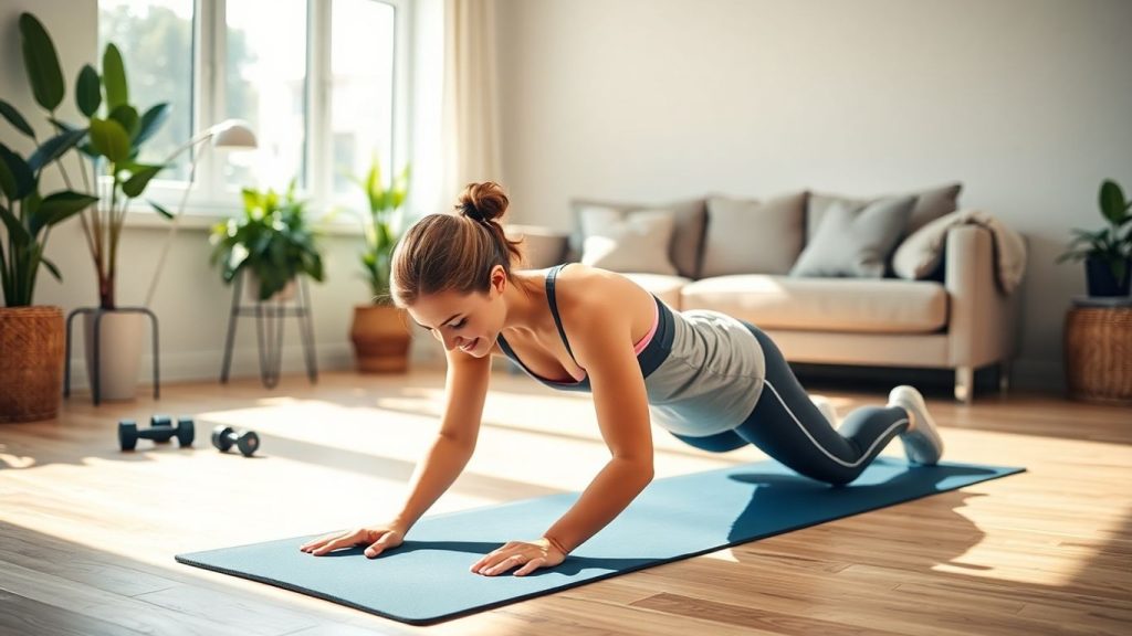 Person planking on yoga mat in bright room, dumbbells nearby