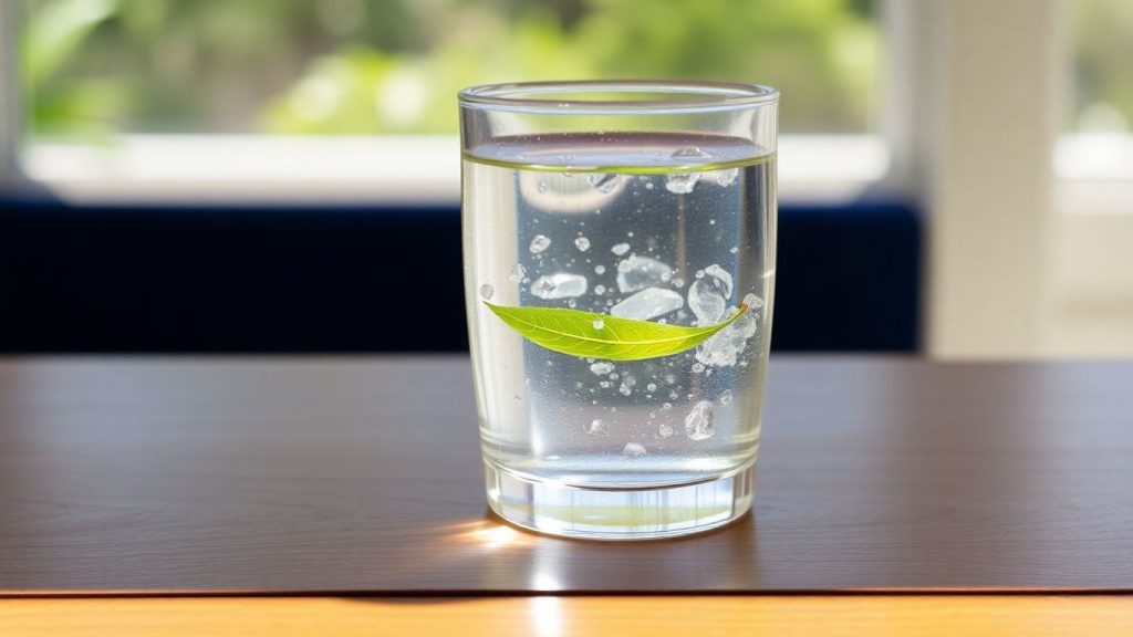 Glass of water with a leaf