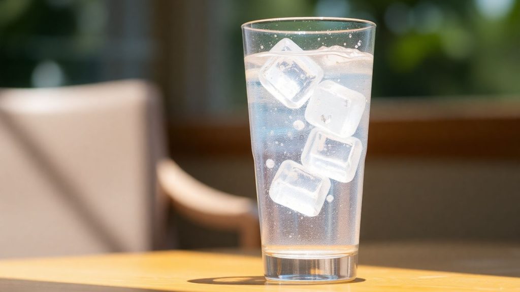 Glass of water with ice and sunlight