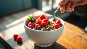 Healthy bowl of berries and oats with sunlight.