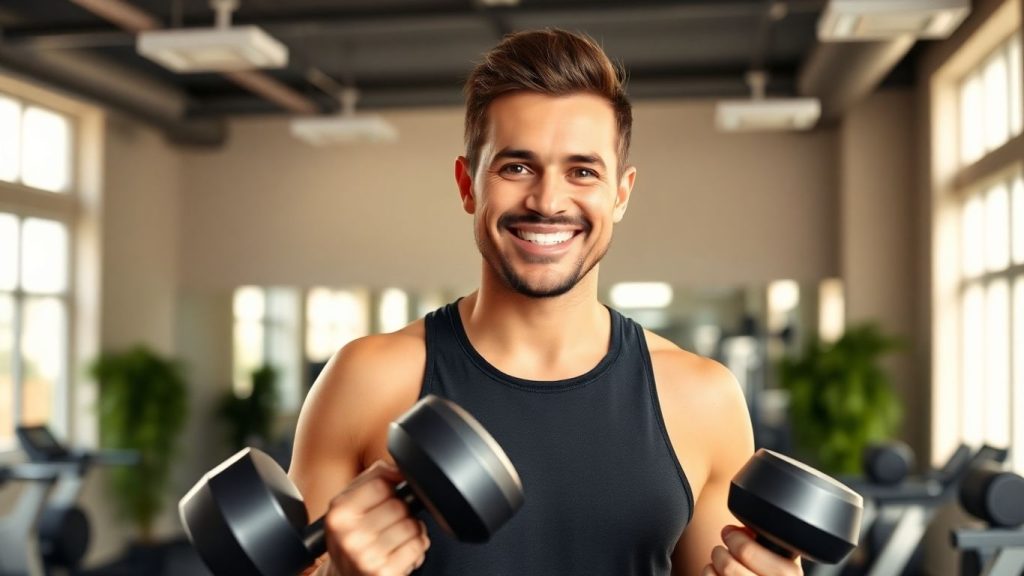 Personal trainer in a gym with dumbbells.