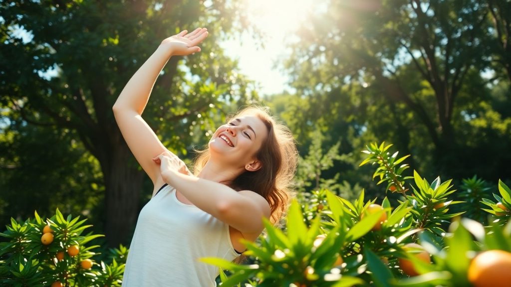 Person stretching outdoors with fruits and greenery.